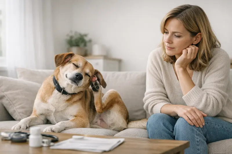 Hundeflüsterer beim Tierarzt Ein Hund mit Hautproblemen sitzt beim Tierarzt und wird untersucht.