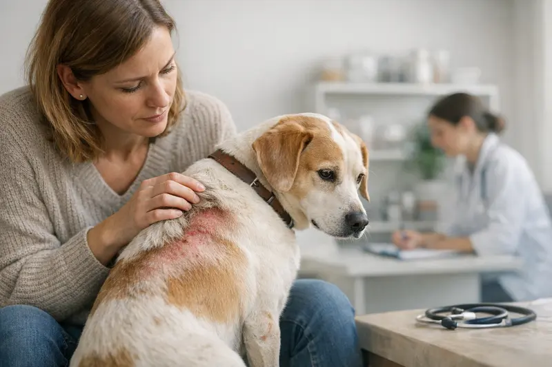 Tierarztbesuch wegen Hautproblemen beim Hund Hund mit Hautproblemen beim Tierarzt erhält eine Untersuchung.