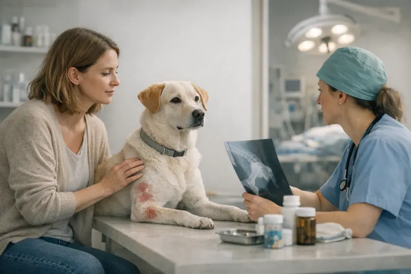 Hunde mit Hautproblemen beim Tierarzt zur Untersuchung.