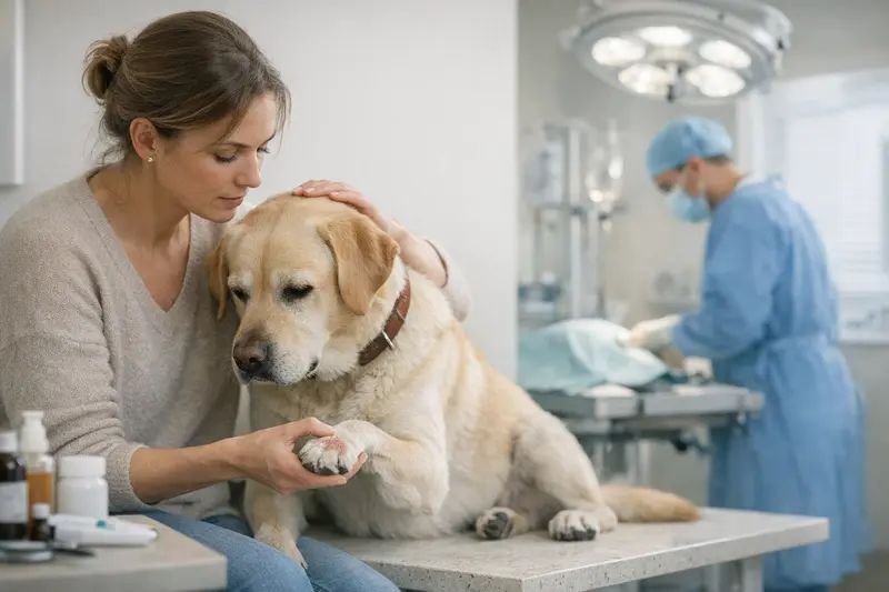 Hundehalter bespricht die Wichtigkeit von Hundekrankenversicherungen mit dem Tierarzt.