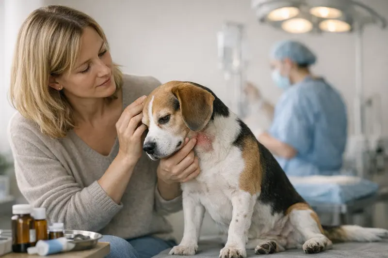 Hund beim Tierarzt mit Hautproblemen, der behandelt wird.
