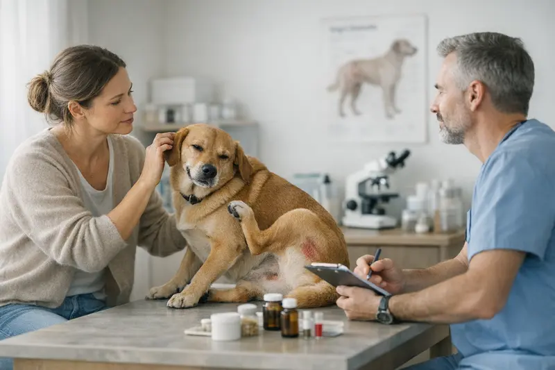 Tierarztbesuch Hund Juckreiz Tierarzt untersucht einen Hund mit Juckreizsymptomen
