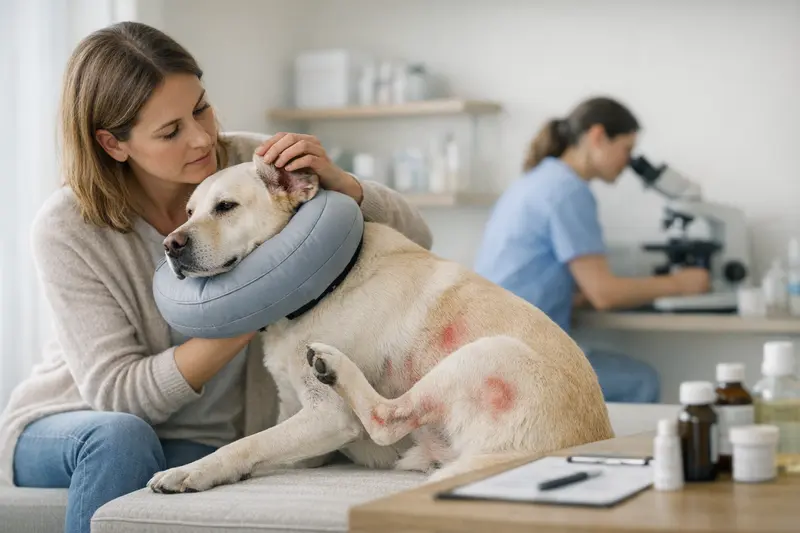 Ein Hund wird von einem Tierarzt auf Hautprobleme untersucht.