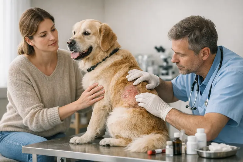 Hundetierarzt Hautprobleme Ein Hund beim Tierarzt zur Untersuchung von Hautproblemen.