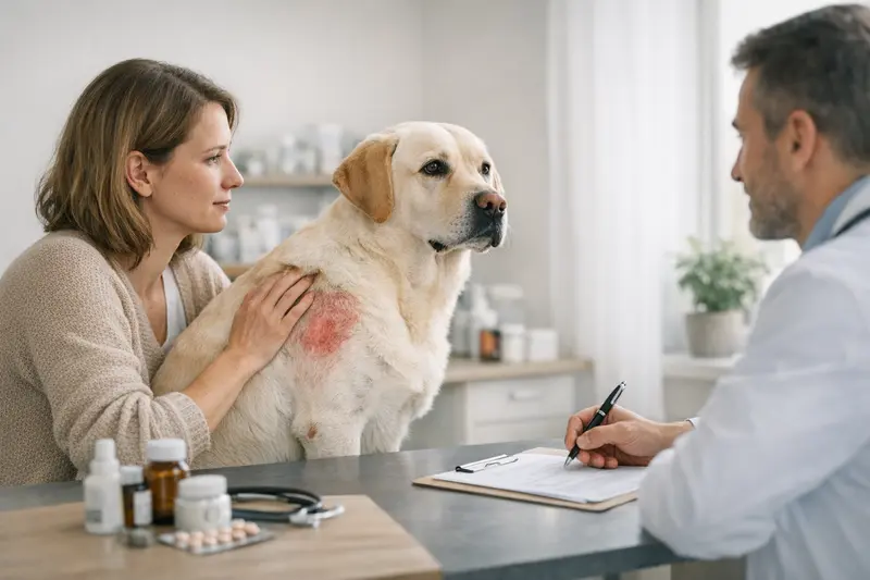 Tierarztbesuch bei Hautentzündungen Eine tierärztliche Untersuchung eines Hundes mit Hautproblemen zur Klärung der Tarifdetails bei Tierkrankenversicherungen.