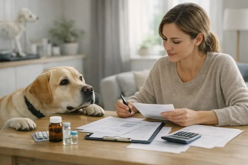 Hundegesundheit und Kostenvergleich Hund mit Tierarzt während einer Untersuchung zur Kostenanalyse für die richtige Krankenversicherung.