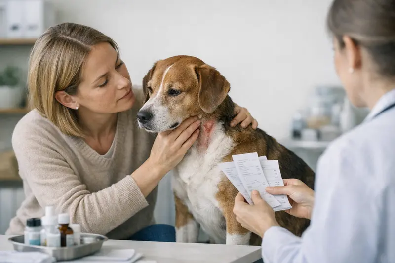 Hund beim Tierarzt, der von einem Tierarzt für wiederkehrende Hautprobleme behandelt wird.