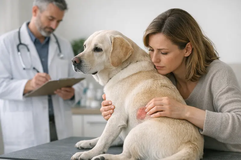 Hund mit Hautsymptomen beim Tierarzt Ein Hund mit Hautsymptomen bei einem Tierarzt zur Untersuchung.
