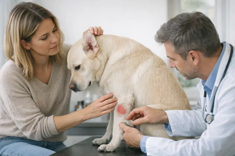 Hund mit Hautproblemen, der beim Tierarzt untersucht wird.