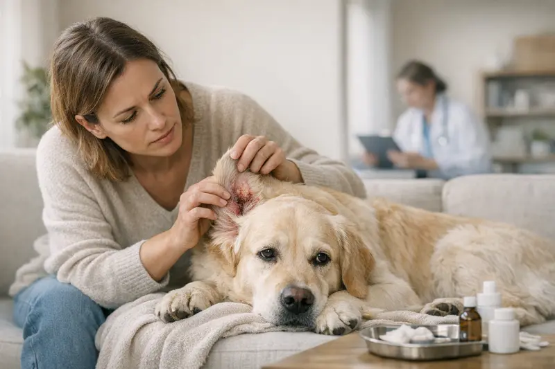 Hundehautprobleme Tierarztbesuch Hundehalter beim Tierarzt mit seinem Hund aufgrund von Hautproblemen.