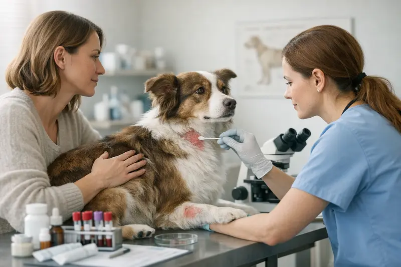 Tierarztuntersuchung bei Hautproblemen bei Hunden Ein Tierarzt untersucht einen Hund mit Hautproblemen, um mögliche Ursachen festzustellen.