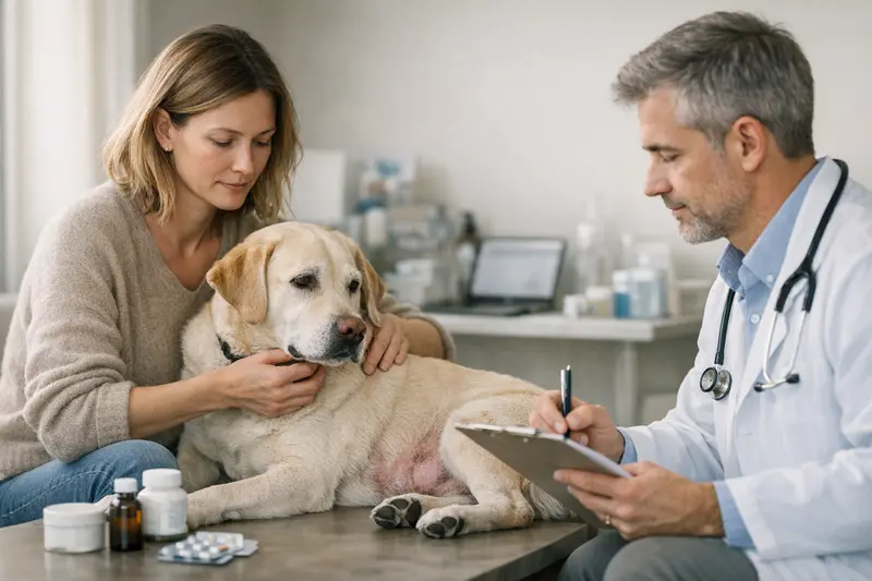 Hund bei Tierarztuntersuchung Hund bei der Untersuchung auf Hautprobleme beim Tierarzt
