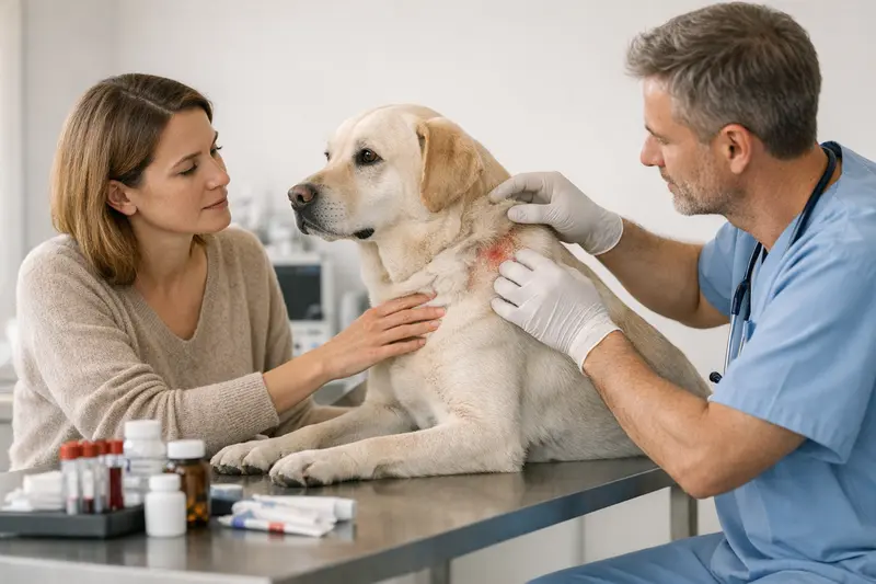 Hautprobleme Hund Tierarzt Hund mit Hautproblemen beim Tierarzt zur Untersuchung