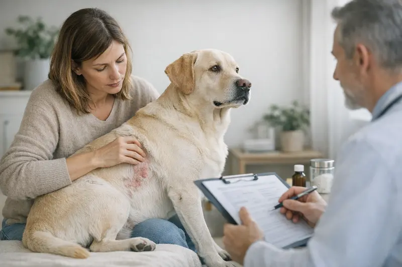 Hund mit Hautsymptomen berät sich mit Tierarzt über Versicherung und Behandlungskosten.
