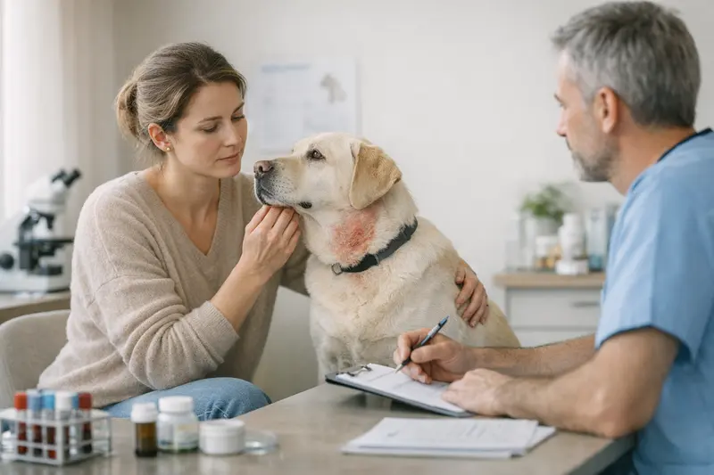 Wichtige Tarifpunkte bei Hautbehandlungen für Hunde Ein Hund beim Tierarzt, der auf Hautprobleme untersucht wird, um wichtige Tarifpunkte zu verstehen.