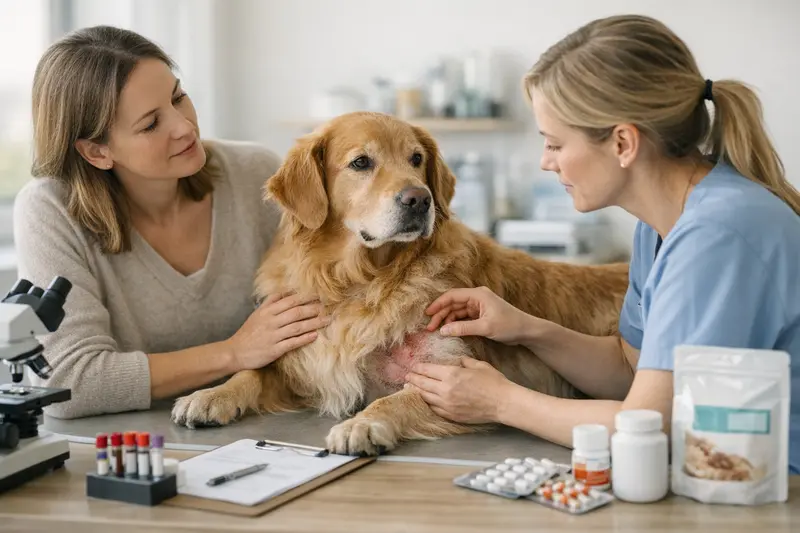 Tierarzt untersucht Hund auf Allergien, um die Ursache für Hautprobleme festzustellen.