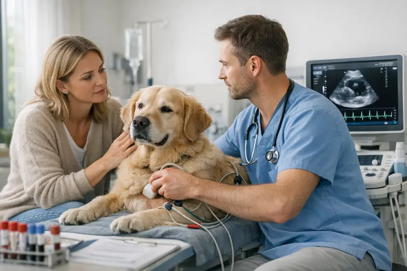Ein Hund erhält eine Herzdiagnostik mit Ultraschall beim Tierarzt.