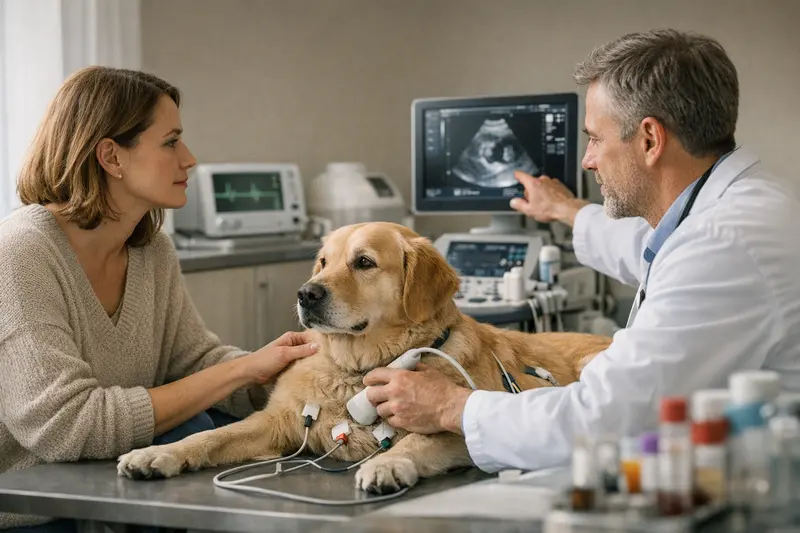 Eine Tierärztin erklärt einem Hundebesitzer die Kosten einer Herzdiagnostik für Hunde.