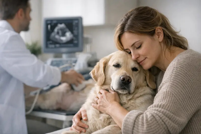 Hund mit Tierarzt während einer Untersuchung, wichtig für Wartezeiten und Vorerkrankungen.