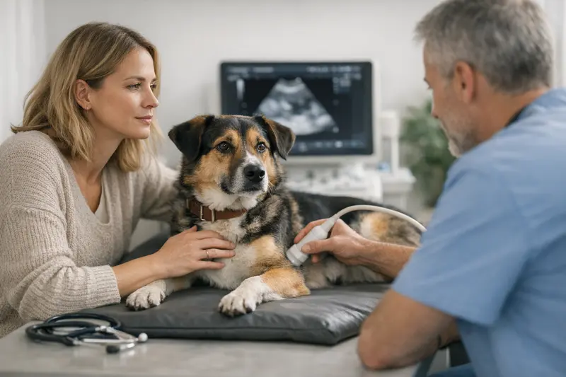 Hundehalter bespricht mit einem Tierarzt wichtige Aspekte zur Versicherung bei Vorerkrankungen.