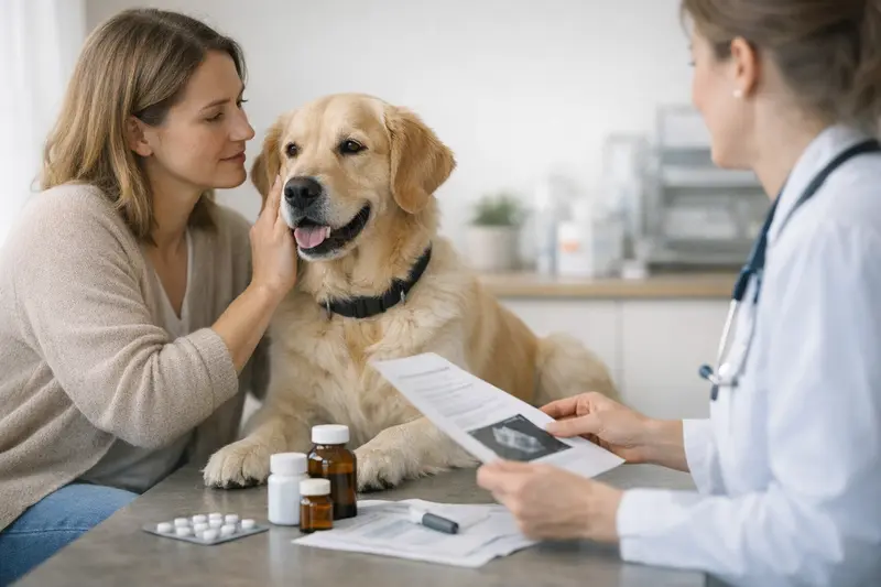 Tierarztausgaben und Tarifmerkmale Illustration von Hund und Katze bei einem Tierarzt, die verschiedene Tarifmerkmale der Tierkrankenversicherung besprechen.