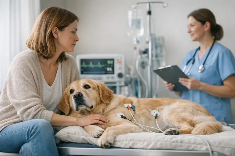 Ein Hund wird in einer Tierklinik auf akute Herzprobleme untersucht, während ein Tierarzt sich um ihn kümmert.