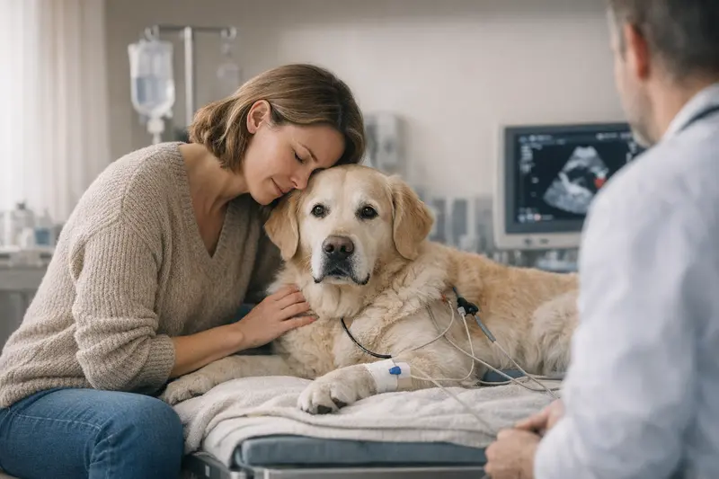Tierarztkosten bei Herzproblemen Hund mit Herzgeräuschen in einer Tierarztpraxis während einer Untersuchung