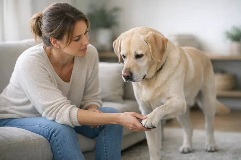 Hund mit leichtem Humpeln beobachten Ein Hund, der leicht humpelt und von seinem Besitzer beobachtet wird.