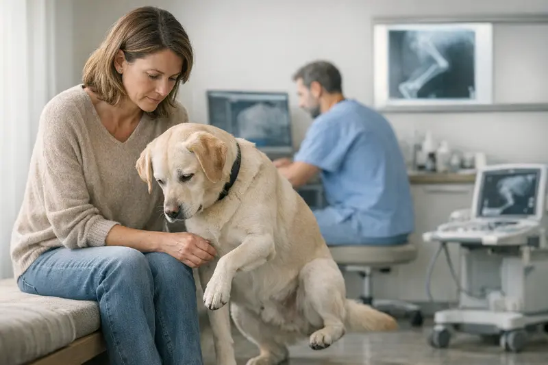Hund mit Verband beim Tierarzt Ein Hund mit einem Verband an seinem Bein, der vom Tierarzt untersucht wird.