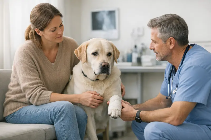 Tierarztuntersuchung bei Lahmheit Ein Hund wird von einem Tierarzt untersucht, um tierärztliche Kosten und Behandlungsoptionen zu besprechen.