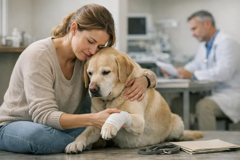 Ein Hund sitzt bei einem Tierarzt und wartet auf die Untersuchung, während der Halter sich über Hundekrankenversicherungen informiert.