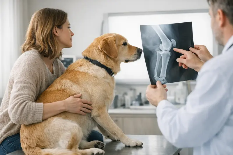 Ein Hund beim Tierarzt, der auf eine Röntgenuntersuchung vorbereitet wird.