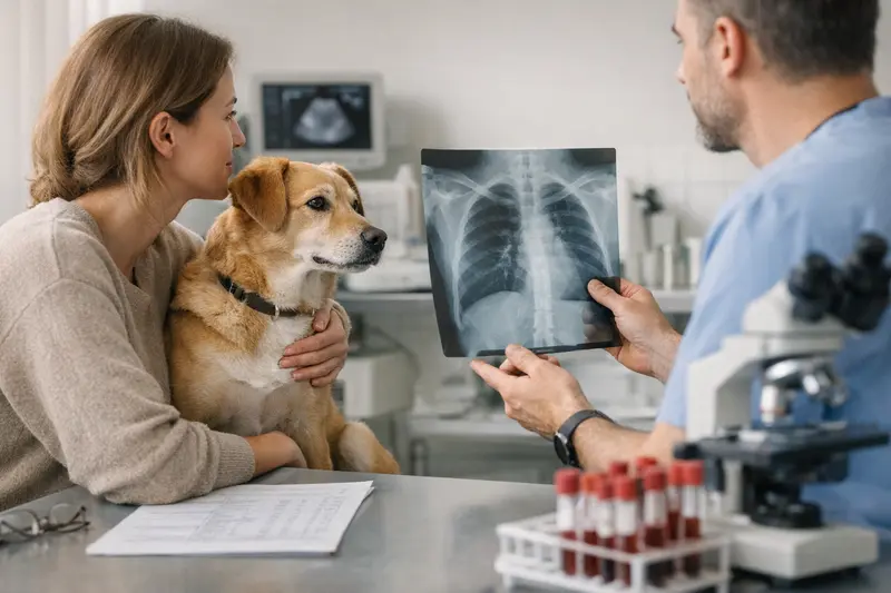 Ein Hund wird von einem Tierarzt untersucht, während er wegen Husten behandelt wird.