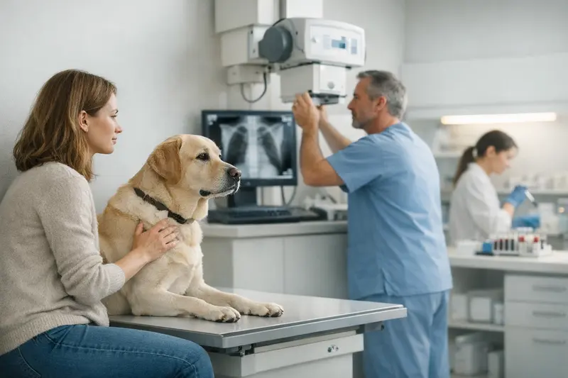 Tierarztbesuch zur Diagnostik bei Hund Ein Hund beim Tierarzt für diagnostische Untersuchungen wie Röntgen und Blutuntersuchungen.