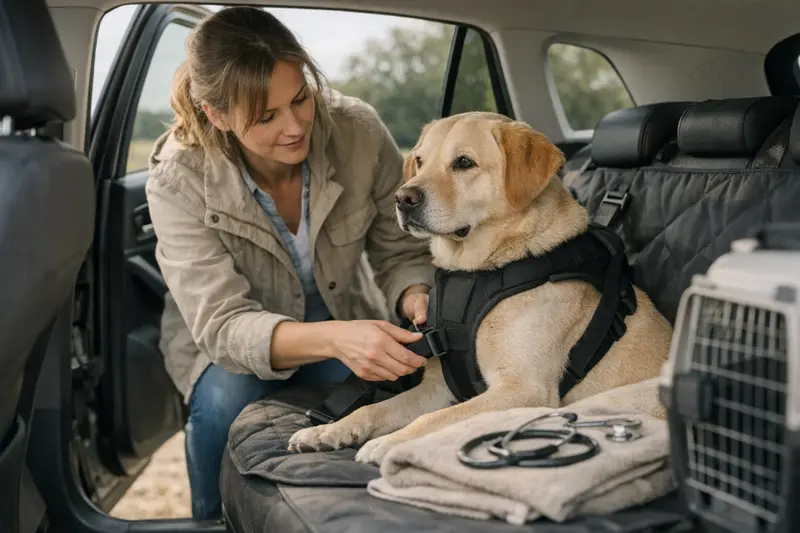 Ein Hund sitzt sicher im Auto mit einer speziellen Hundesicherung.