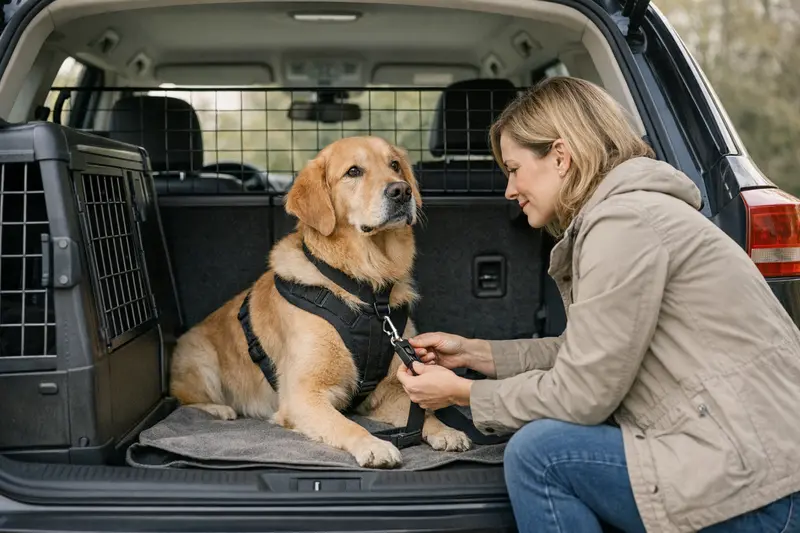 Trennnetz im Kofferraum für Hunde Ein Trennnetz im Kofferraum eines Autos schützt den Hund während der Fahrt.