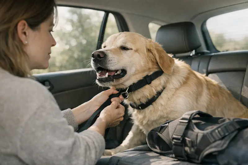 Hund im Auto mit sicherem Brustgeschirr Ein Hund mit Brustgeschirr im Auto, sicher befestigt.