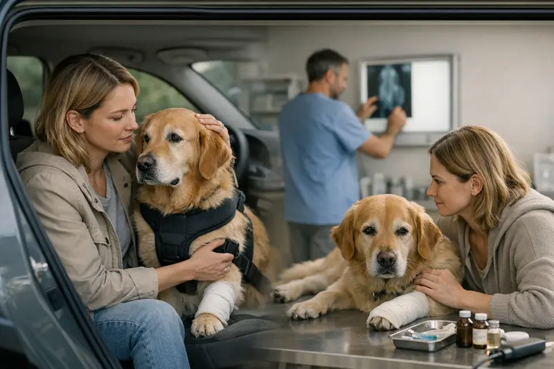 Hund sicher im Auto transportiert, um Unfallrisiken zu minimieren.