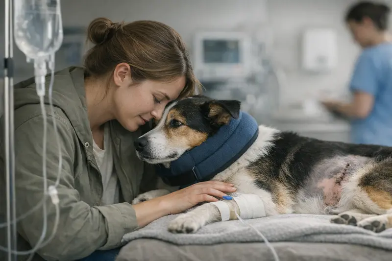 Hund im Auto - Sicherheitsaspekte und Tierarztkosten Ein Hund im Auto, bereit für eine Reise, während der Sorge um mögliche Tierarztkosten nach einem Autounfall im Raum steht.