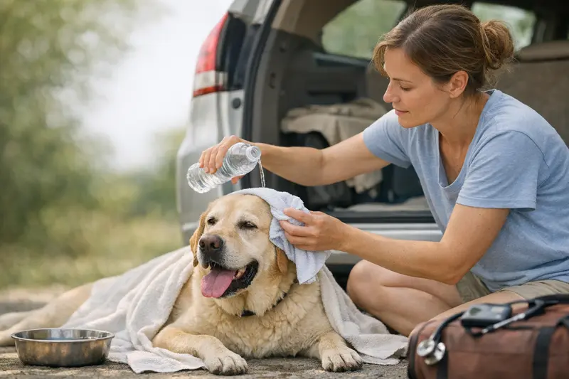 Ein Hund wird vorsichtig mit lauwarmem Wasser abgekühlt, während ein Tierarzt zurate gezogen wird.