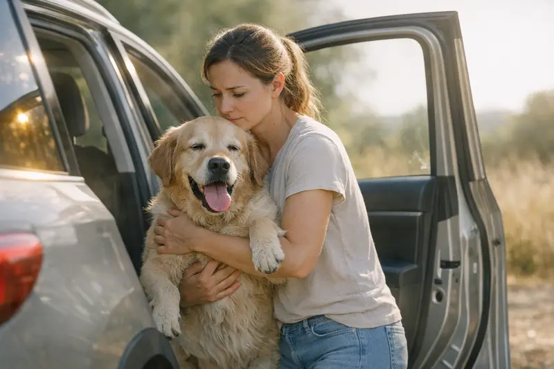 Hund im geparkten Auto Ein Hund sitzt allein im geparkten Auto unter direkter Sonneneinstrahlung und zeigt Anzeichen von Überhitzung.