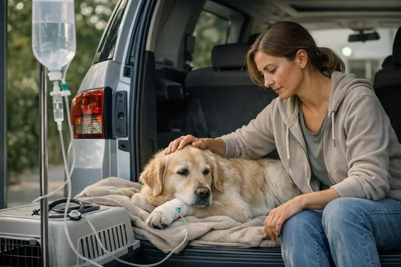 Eine besorgte Hundebesitzerin vergleicht verschiedene Tierkrankenversicherungstarife für Notfälle.