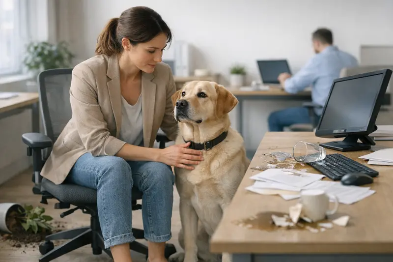 Hunde im Büro - Haftpflichtversicherung nötig? Hundefreundliches Büro mit einem Hund, der entspannt unter dem Schreibtisch liegt.