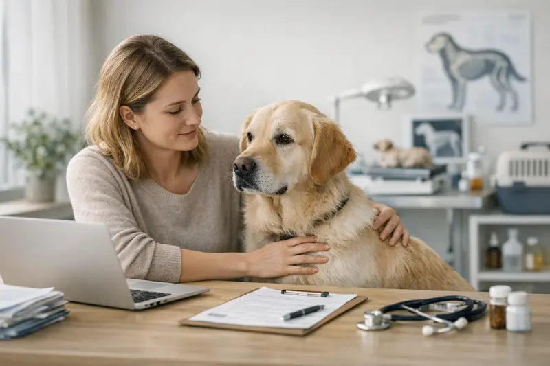 OP-Schutz oder Krankenversicherung für Hunde? Hund beim Tierarzt, der über die Optionen von OP-Schutz und Krankenversicherung informiert wird.