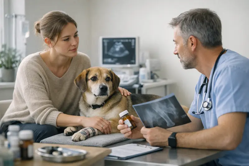 Tierarztkosten Bürohund Hund im Büro mit Tierarztunterlagen und Medikamenten, die typische Behandlungskosten verdeutlichen.