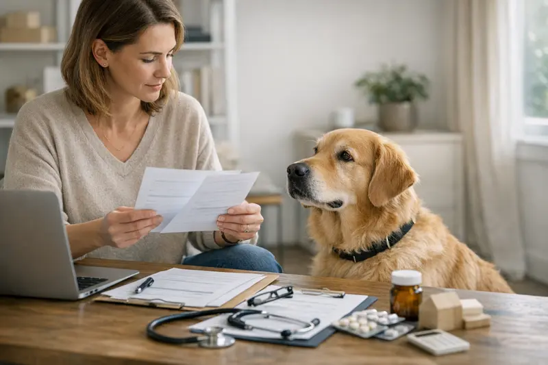 Hund und Versicherungsvergleich Ein Hund liegt entspannt in einer Zahnarztpraxis, während seine Halterin Informationen zu Versicherungen vergleicht.