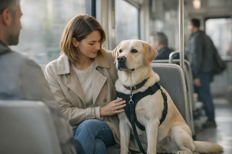 Hundehalter mit Hund im öffentlichen Nahverkehr, symbolisiert die Frage nach der Haftpflichtversicherung.