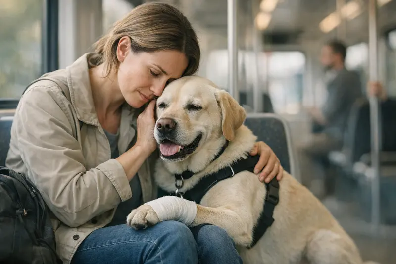 Hundeversicherung im ÖPNV Ein Hund in einer Bahn, dessen Tierarztkosten durch eine Versicherung abgedeckt werden Können.