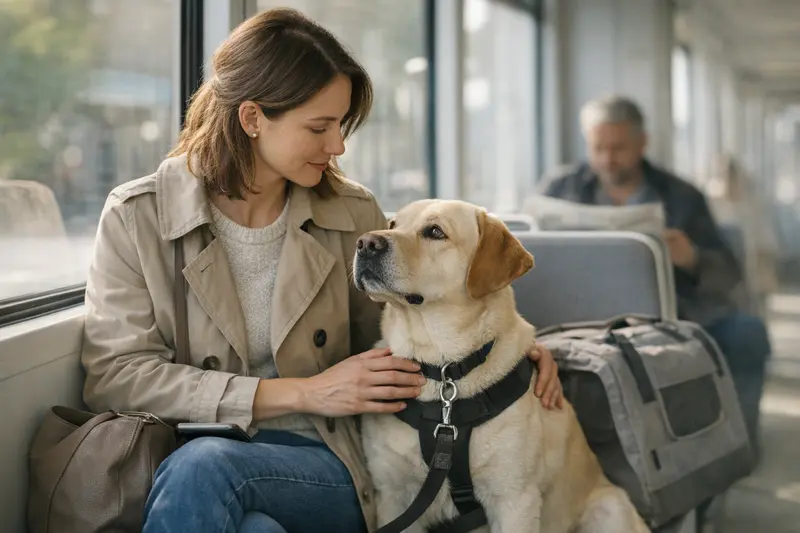 Tarifvergleich Hundeversicherung im ÖPNV Hundehalter vergleicht Tarife für Hundeversicherung während einer Fahrt mit dem öffentlichen Nahverkehr.