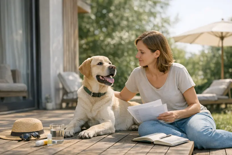 Hund im Sommer – Versicherungsschutz prüfen Ein Hund genießt den Sommer im Freien, während der Halter über Tierarztkosten nachdenkt.